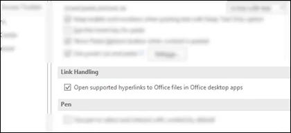 The Options > Advanced dialog box showing the setting to enable or disable opening links in the desktop applications.